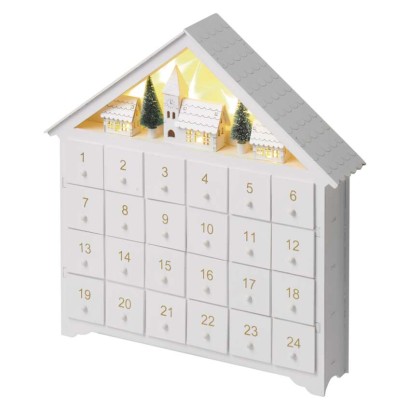 LED Adventskalender aus Holz, 35x33 cm, 2x AA, Innen, warmweiss, Timer