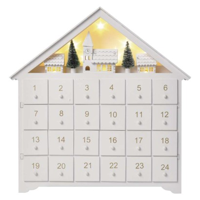 LED Adventskalender aus Holz, 35x33 cm, 2x AA, Innen, warmweiss, Timer