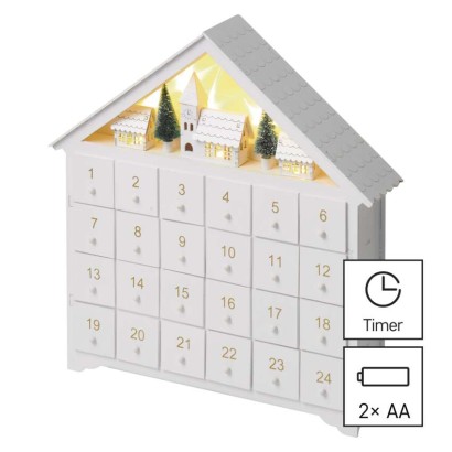 LED Adventskalender aus Holz, 35x33 cm, 2x AA, Innen, warmweiss, Timer