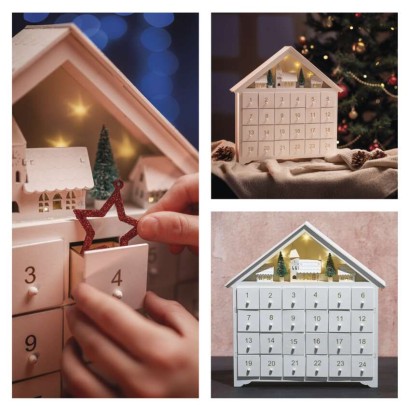 LED Adventskalender aus Holz, 35x33 cm, 2x AA, Innen, warmweiss, Timer