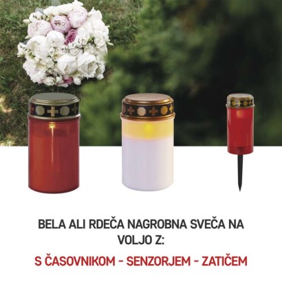 LED nagrobna sveča rdeča, 2x C, zunanja in notranja, topla bela, časovnik