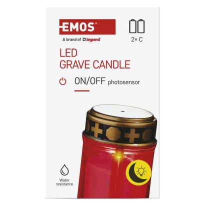 LED hřbitovní svíčka červená, 2x C, venkovní i vnitřní, teplá bílá, senzor