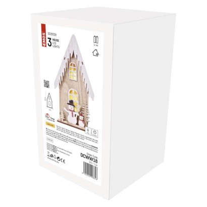 LED dekoráció, fa – házikó hóemberekkel, 28,5 cm, 2x AA, beltéri, meleg fehér, időzítő