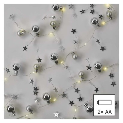 LED karácsonyi fényfüzér – ezüst gömb csillagokkal,1,9m, 2xAA, beltéri, meleg fehér, időz.