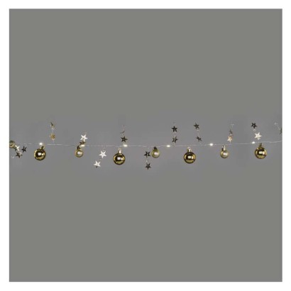 LED karácsonyi fényfüzér – arany gömb csillagokkal, 1,9m, 2xAA, beltéri, meleg fehér, idő.