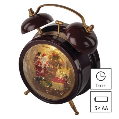 LED dekoracija – božično snežna budilka, 19 cm, 3x AA, notranja, topla bela, časovnik