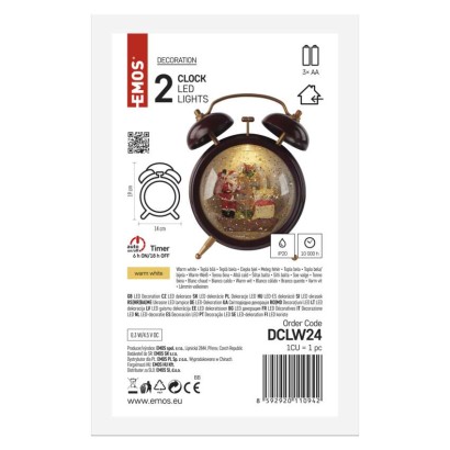 LED dekoracija – božično snežna budilka, 19 cm, 3x AA, notranja, topla bela, časovnik