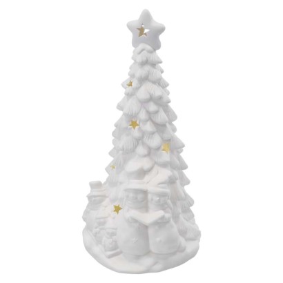 Keramischer LED-Baum mit Schneemännern, 33,5 cm, 2x AA, Innen, warmweiss