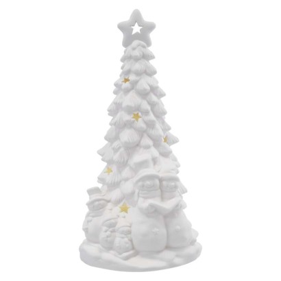Keramischer LED-Baum mit Schneemännern, 33,5 cm, 2x AA, Innen, warmweiss