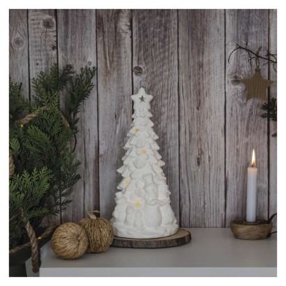 Keramischer LED-Baum mit Schneemännern, 33,5 cm, 2x AA, Innen, warmweiss
