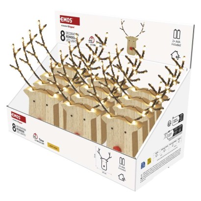 LED dekoráció, fa -rénszarvas, 16 cm, 2x AAA, beltéri, meleg fehér, időzítő, 12db, display