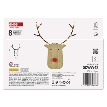 LED dekoráció, fa -rénszarvas, 16 cm, 2x AAA, beltéri, meleg fehér, időzítő, 12db, display
