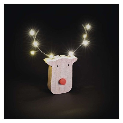 LED dekoráció, fa -rénszarvas, 16 cm, 2x AAA, beltéri, meleg fehér, időzítő, 12db, display