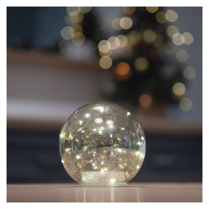 LED vánoční skleněná koule – zlatá, 15 cm, 3x AA, vnitřní, teplá bílá, časovač