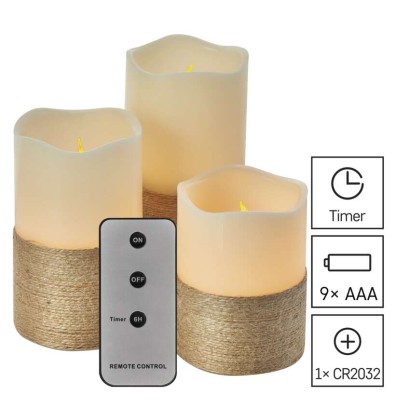 LED Dekoration – 3x Wachskerze mit Kordel, 3x 3x AAA, Innen, Vintage, Fernbedienung