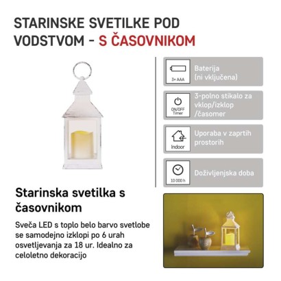 LED dekoracija – laterna antik bela utripajoča, 3x AAA, notranja, vintage, časovnik