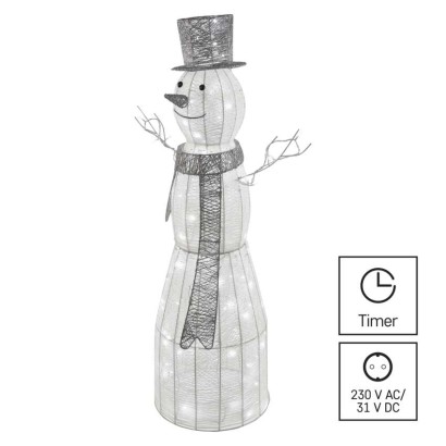 LED Weihnachts-Schneemann Rattan, 124 cm, Innen, Kaltweiß, Timer