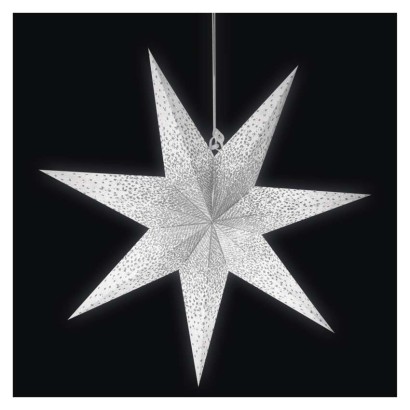 LED papírcsillag, függeszthető, ezüst csillámporos középen, fehér, 60 cm, beltéri
