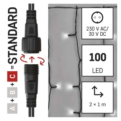 Standarta LED savienojošā virtene – aizkars, 1 x 2 m, lietošanai ārā, auksti balta