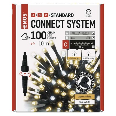 Standard LED sorolható karácsonyi füzér, villogó, 10 m, kültéri, meleg/hideg fehér
