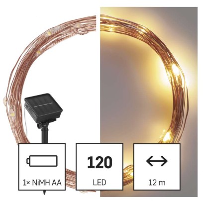 LED nano veriga s sončnim kolektorjem, bakrena, 12 m, zunanja in notr., topla bela, časov.