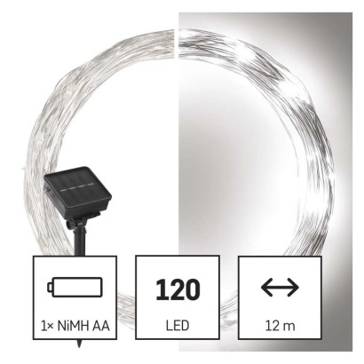 LED nano veriga s sončnim kolektorjem, bakrena, 12 m, zunanja in notr, hladna bela, časov.