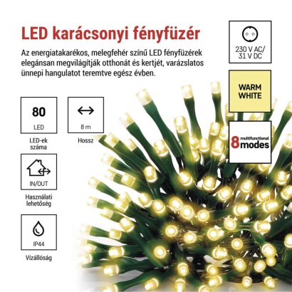 LED karácsonyi fényfüzér, 8 m, kültéri és beltéri, meleg fehér, progr, időz.