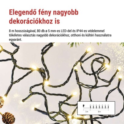 LED karácsonyi fényfüzér, 8 m, kültéri és beltéri, meleg fehér, progr, időz.