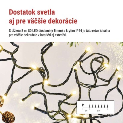 LED vianočná reťaz, 8 m, vonkajšia aj vnútorná, teplá biela, programy, časovač