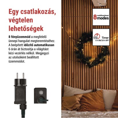LED karácsonyi fényfüzér, 8 m, kültéri és beltéri, meleg fehér, progr, időz.