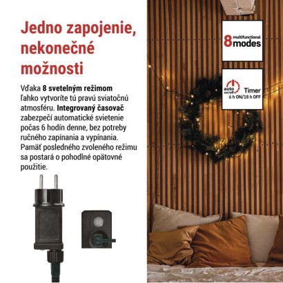 LED vianočná reťaz, 8 m, vonkajšia aj vnútorná, teplá biela, programy, časovač