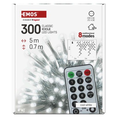LED vánoční rampouchy, 5 m, venkovní i vnitřní, studená bílá, ovladač, programy, časovač