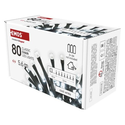LED vánoční řetěz, 5,6 m, 3x AA, venkovní i vnitřní, studená bílá, časovač