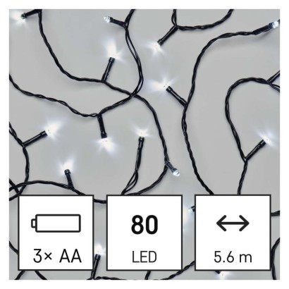 LED vánoční řetěz, 5,6 m, 3x AA, venkovní i vnitřní, studená bílá, časovač
