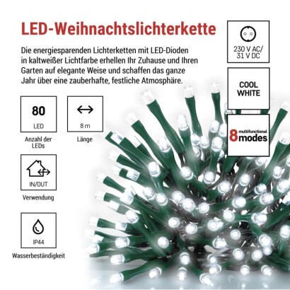 LED Weihnachtliche Lichterkette, 8 m, Außen/Innen, kaltweiß, Programme, Timer