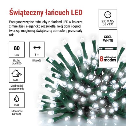 Lampki choinkowe Classic 80 LED 8m zimna biel, zielony przewód, IP44, 8 programów, timer