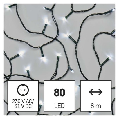 LED kalėdinė girlianda, 8 m, lauko ir vidaus, šaltai balta, 8 režimai, laikmatis