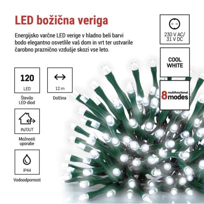 LED božična veriga, 12 m, zunanja in notranja, hladna bela, programi, časovnik