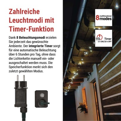 LED Weihnachtliche Lichterkette, 12 m, Außen/Innen, kaltweiß, Programme, Timer