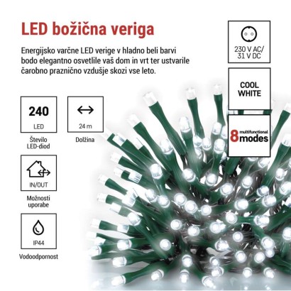 LED božična veriga, 24 m, zunanja in notranja, hladna bela, programi, časovnik