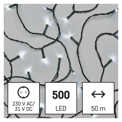 LED kalėdinė girlianda, 50 m, lauko ir vidaus, šaltai balta, 8 režimai, laikmatis