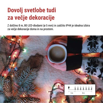 LED božična veriga, 8 m, zunanja in notranja, večbarvna, programi, časovnik