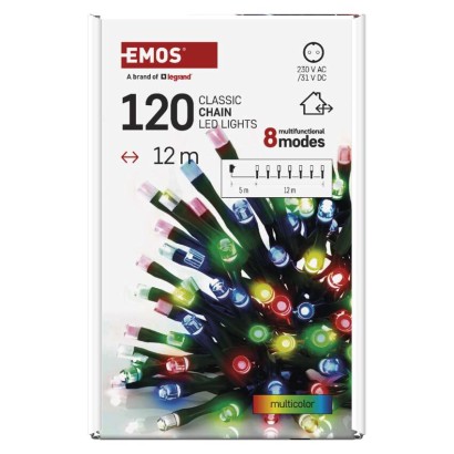LED kalėdinė girlianda, 12 m, lauko ir vidaus, įvairiaspalvė, 8 režimai, laikmatis