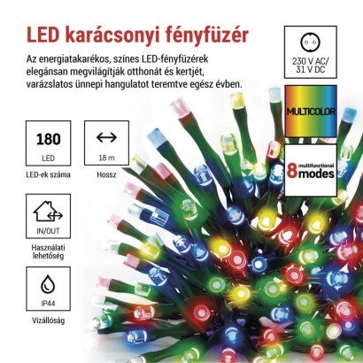 LED karácsonyi fényfüzér, 18 m, kültéri és beltéri, többszínű, progr, időz.
