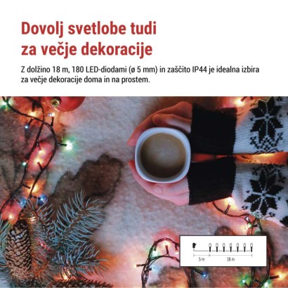 LED božična veriga, 18 m, zunanja in notranja, večbarvna, programi, časovnik