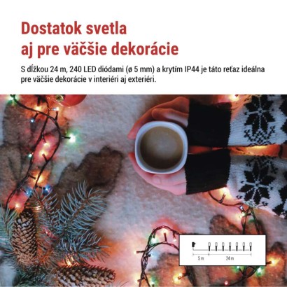 LED vianočná reťaz, 24 m, vonkajšia aj vnútorná, multicolor, programy, časovač