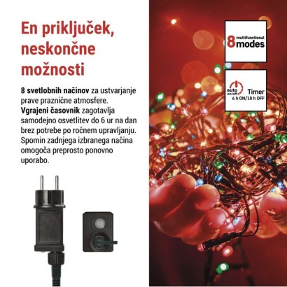 LED božična veriga, 24 m, zunanja in notranja, večbarvna, programi, časovnik