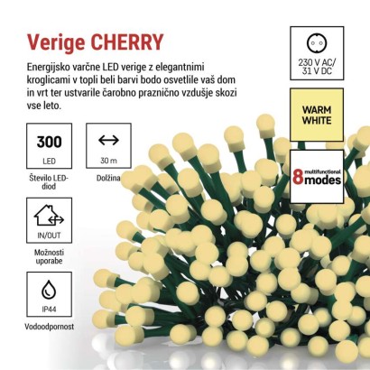 LED božična cherry veriga – kroglice, 30 m, zunan. in notran.,topla bela,programi,časovnik