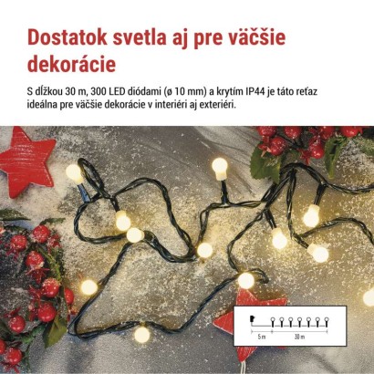 LED vianočná cherry reťaz – guličky, 30 m,vonk. aj vnútor.,teplá biela, programy, časovač