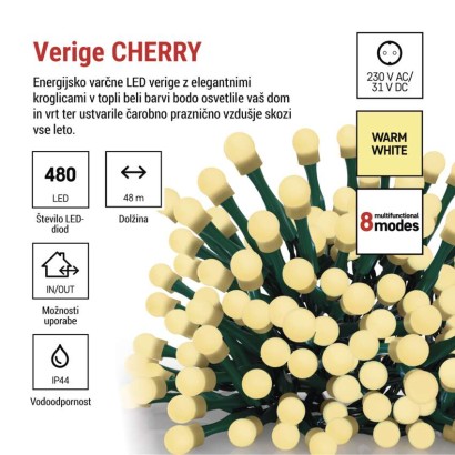 LED božična cherry veriga – kroglice, 48 m, zunan. in notran.,topla bela,programi,časovnik